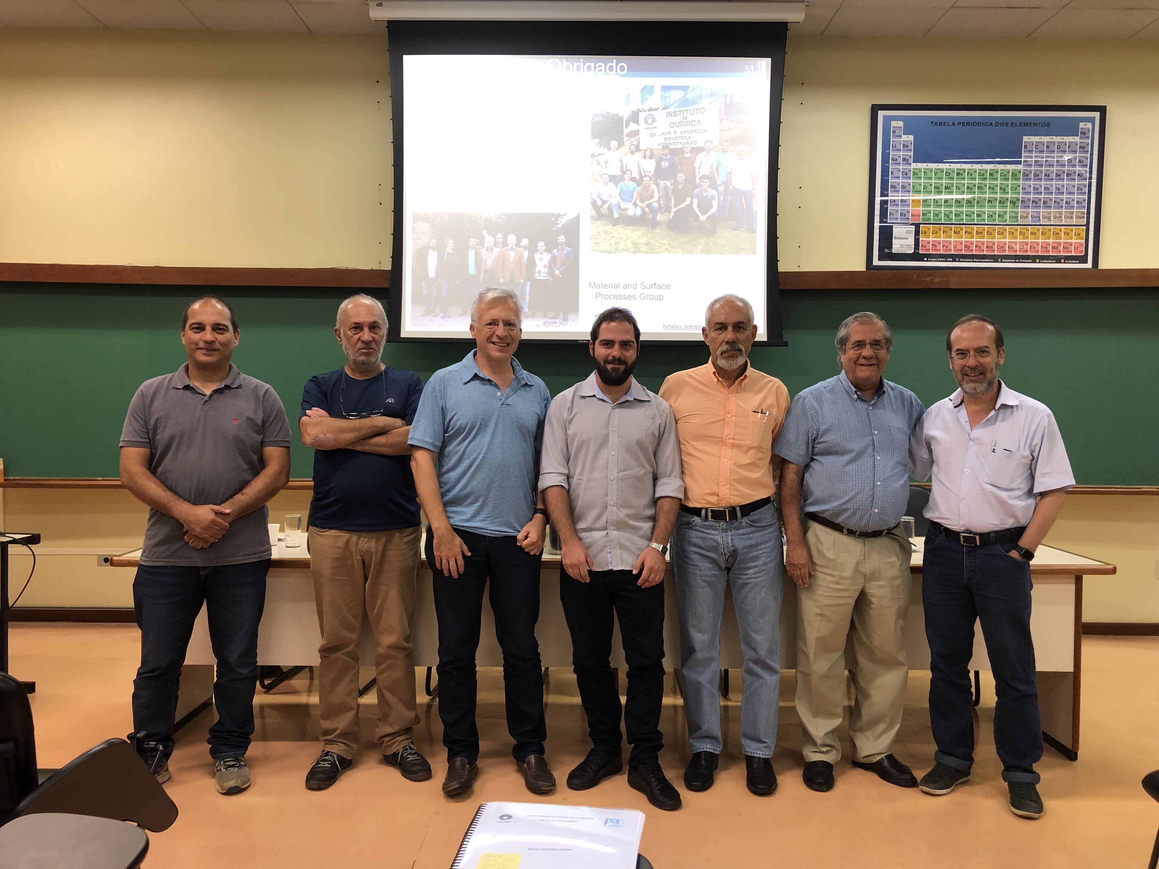 Bruno's thesis defense, it was a bittersweet moment, a friend of us is leaving our group to face this wild scientific world, go Bruno go! From left to right: Prof. Ricardo, Prof. Pedro, Prof. Miguel, PhD. Bruno, Prof. Zacarias, Prof. Elson Longo, Prof. Rogério Custódio.